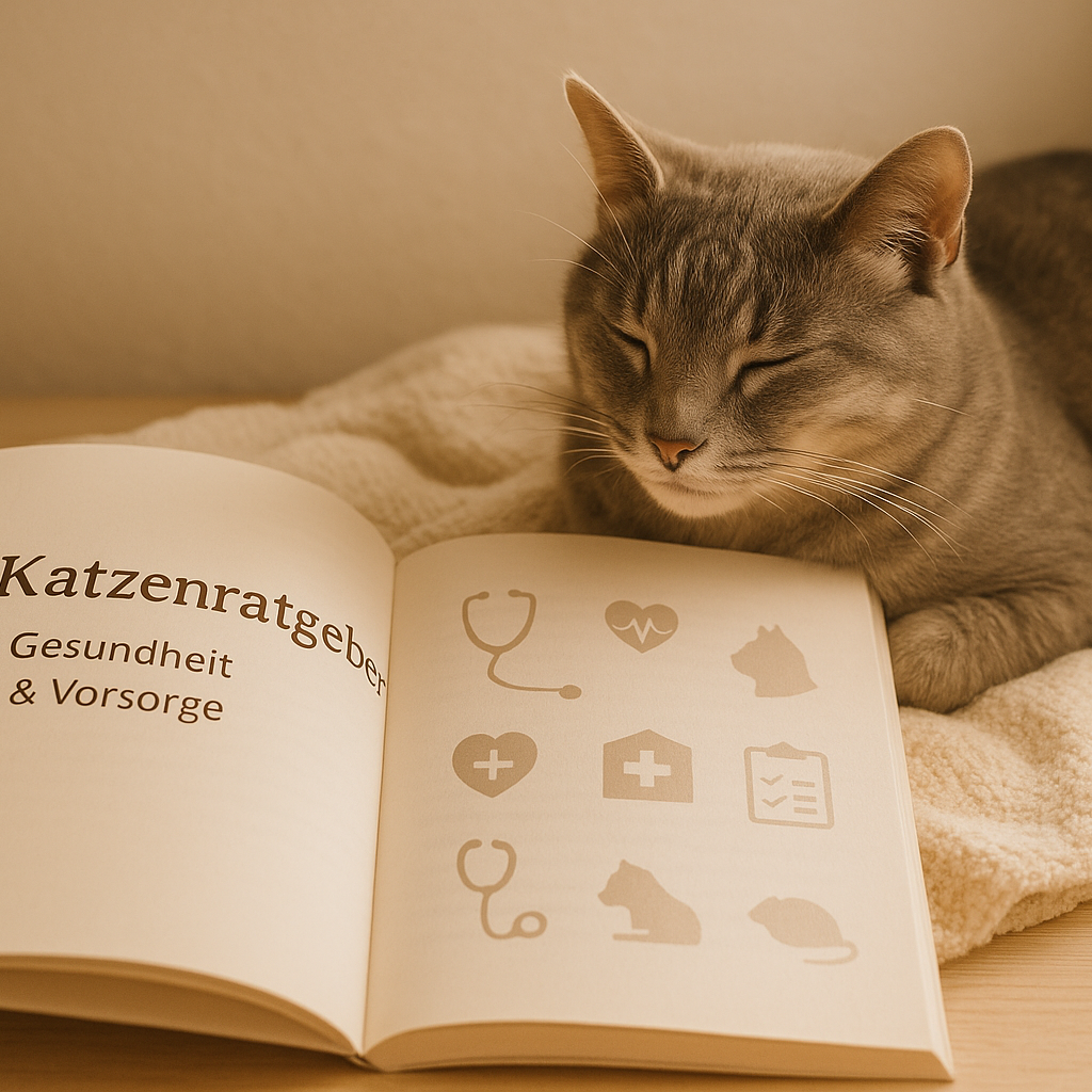 A calm, softly lit image of a gentle adult cat resting near an open book or printed guide titled “Katzenratgeber – Gesundheit & Vorsorge”. The cat looks relaxed and trusting, lying on a cozy blanket or light-colored wooden surface. The document is neatly designed, with subtle medical icons or health checklists visible. Warm tones (beige, soft grey, white), a natural, peaceful atmosphere. The image should feel thoughtful, informative and full of love – like a responsible pet owner's quiet moment of care.