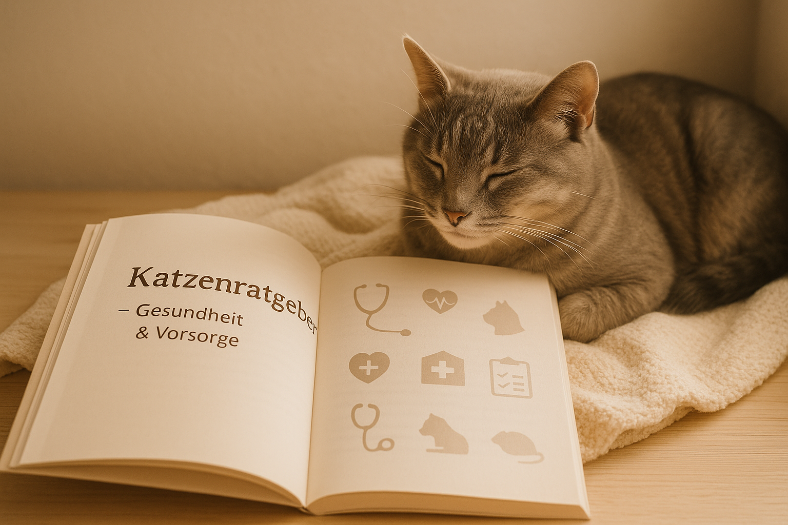 A calm, softly lit image of a gentle adult cat resting near an open book or printed guide titled “Katzenratgeber – Gesundheit & Vorsorge”. The cat looks relaxed and trusting, lying on a cozy blanket or light-colored wooden surface. The document is neatly designed, with subtle medical icons or health checklists visible. Warm tones (beige, soft grey, white), a natural, peaceful atmosphere. The image should feel thoughtful, informative and full of love – like a responsible pet owner's quiet moment of care.