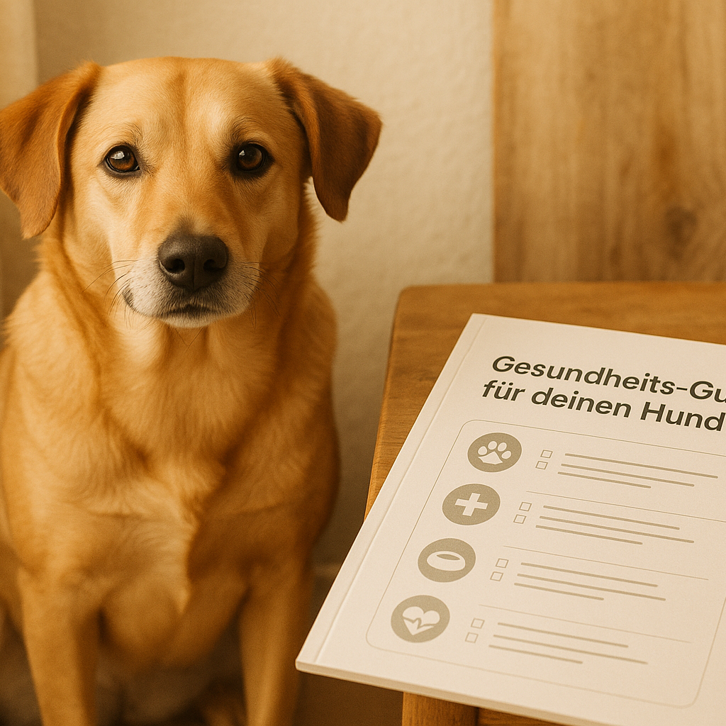 A warm, soft-lit image of a calm dog sitting next to a printed health guide for pet owners. The dog is medium-sized, friendly-looking, with relaxed ears and a trusting expression. On the table next to the dog lies a clean, modern-looking document titled “Gesundheits-Guide für deinen Hund” with checklists and icons subtly visible. Natural wooden background, warm tones (beige, cream, light grey). The scene feels peaceful, safe, and organized – like a loving home.