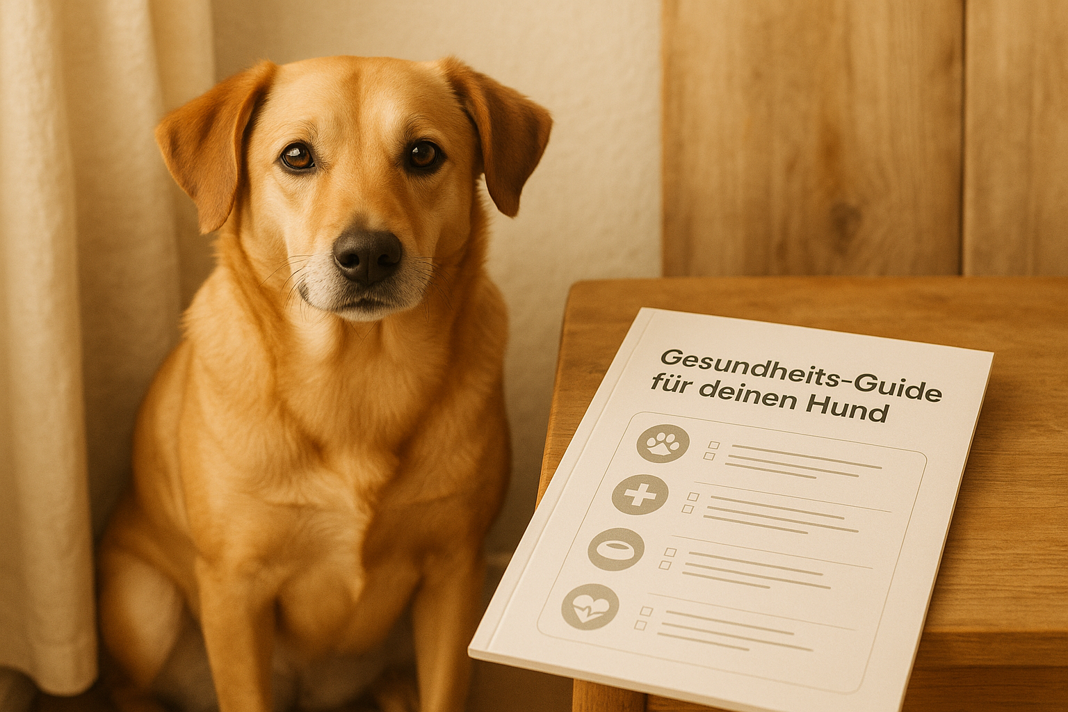 A warm, soft-lit image of a calm dog sitting next to a printed health guide for pet owners. The dog is medium-sized, friendly-looking, with relaxed ears and a trusting expression. On the table next to the dog lies a clean, modern-looking document titled “Gesundheits-Guide für deinen Hund” with checklists and icons subtly visible. Natural wooden background, warm tones (beige, cream, light grey). The scene feels peaceful, safe, and organized – like a loving home.
