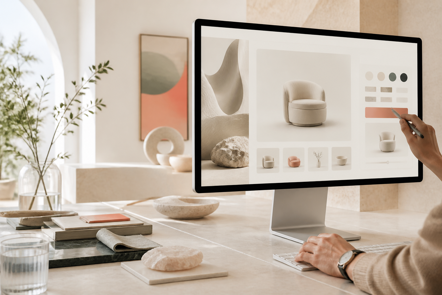Hochwertige digitale Produktgestaltung an einem modernen Arbeitsplatz